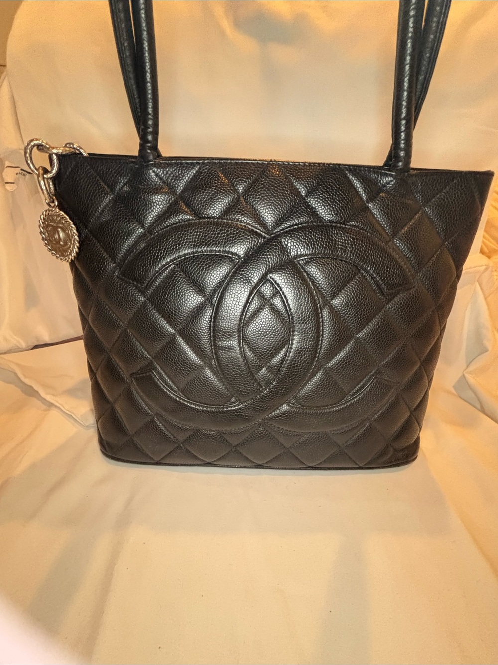CHANEL vintage Black Quilted Leather Medalion Tote with Silver Medallion
